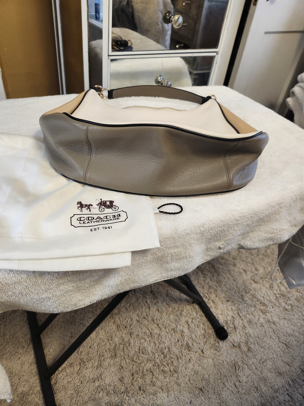 Coach Cream and Tan Pebbled Leather Hobo with Gold Hardware and Black Trim - Picture 5 of 6